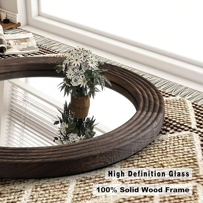 LOSOUR Round Mirror, Farmhouse Decor Solid Wood Frame Wall Circle Mirror, Decorative Mirrors for Bathroom Over Sink, Living Room, Entryway,Bedroom, Entryway, Hallway,Foyer (1, Coffee, 24" L x 24" W)