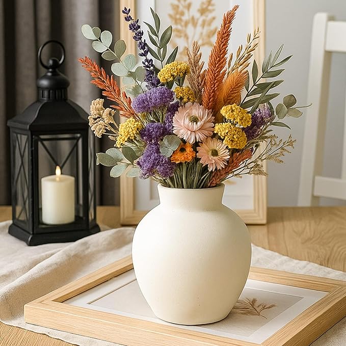 Ceramic Decorative Flower Vase | 6 Inch Pottery Rustic Farmhouse | Boho | Whitewashed Terracotta Vase for Home Decor, Table, Living Room, Bathroom, Shelf, Mantel Decoration, Terra, White
