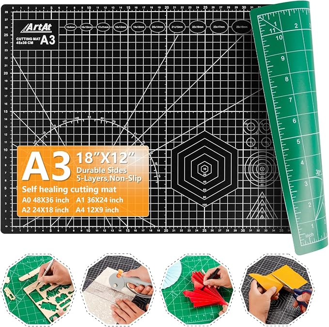ArtAt Self Healing Cutting Mat: 12inch x 18inch Double Sided 5-Ply Fabric Cutting Mat for Sewing, Quilting & Arts & Crafts - Gridded Rotary Cutting Board Mat in Green/Black.