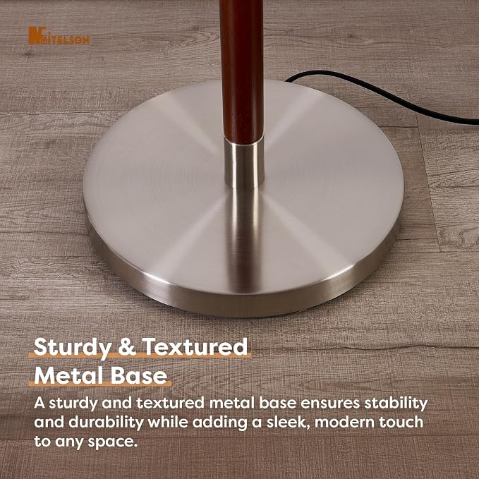 Walnut Brown Modern Floor Lamp for Living Room, Dimmable Tall Standing Lamp with Linen Shade and Bulb, Mid Century Rustic Farmhouse Floor Lamp for Bedroom Office Corner