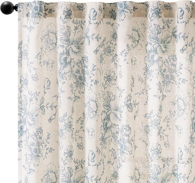 jinchan Linen Blend Curtain Floral Curtains for Living Room 63 Inch Length Blue Printed Curtain Rod Pocket Back Tab Farmhouse Peony Flower Patterned Drapes Bedroom Window Curtains Set 2 Panels