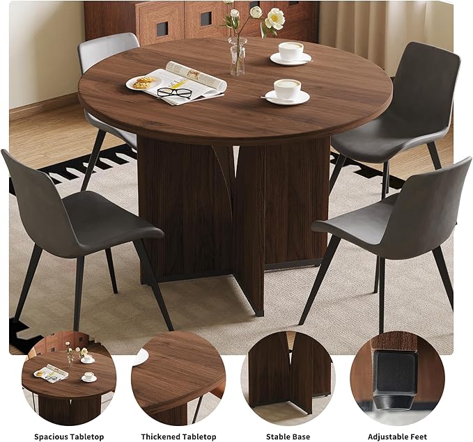 HIPIHOM Modern Round Dining Table Set for 2, 39.4" Walnut Kitchen Table with 2 PU Leather Chairs, 3-Piece Mid-Century Dining Room Set for Small Spaces, Pedestal Base & Ergonomic Padded Chairs