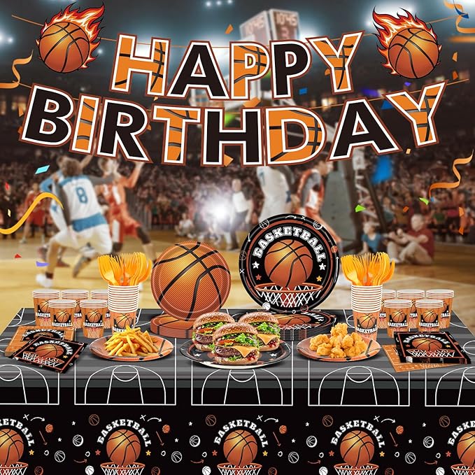 123 PCS Basketball Party Decorations, Disposable Tableware with Plates Cups Napkins Banner Tablecloth for Thanksgiving Christmas Basketball Birthday Party Decor Supplies, Serves 24 Guest