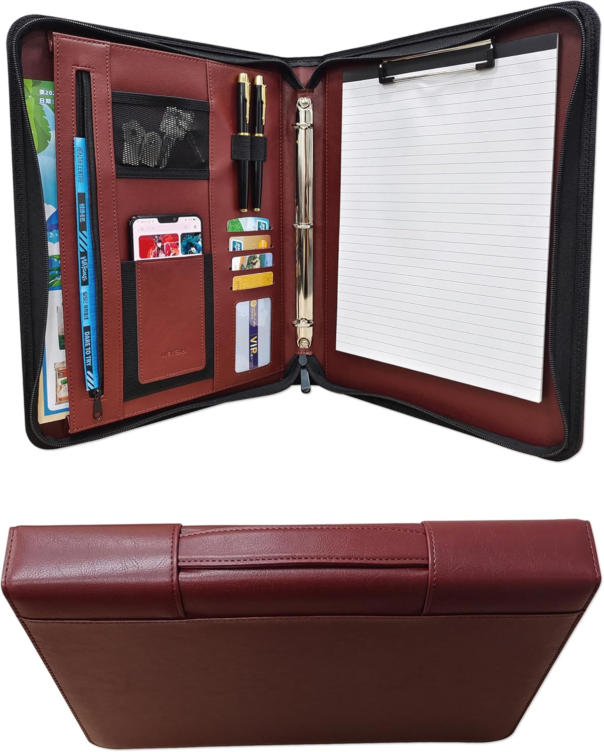 Skiennix Faux Leather Portfolio Binder - Stylish Business Padfolio with Handle & Zippered Organizer (Brown)