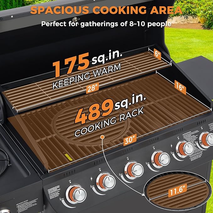 Lyromix 6 Burner Propane Gas Grill with Side Burner, Gas BBQ Grills With Porcelain-Enameled Cast Iron Grates and Bottle Opener, Grill for Outdoor Cooking, Patios, Backyards, 72000BTU