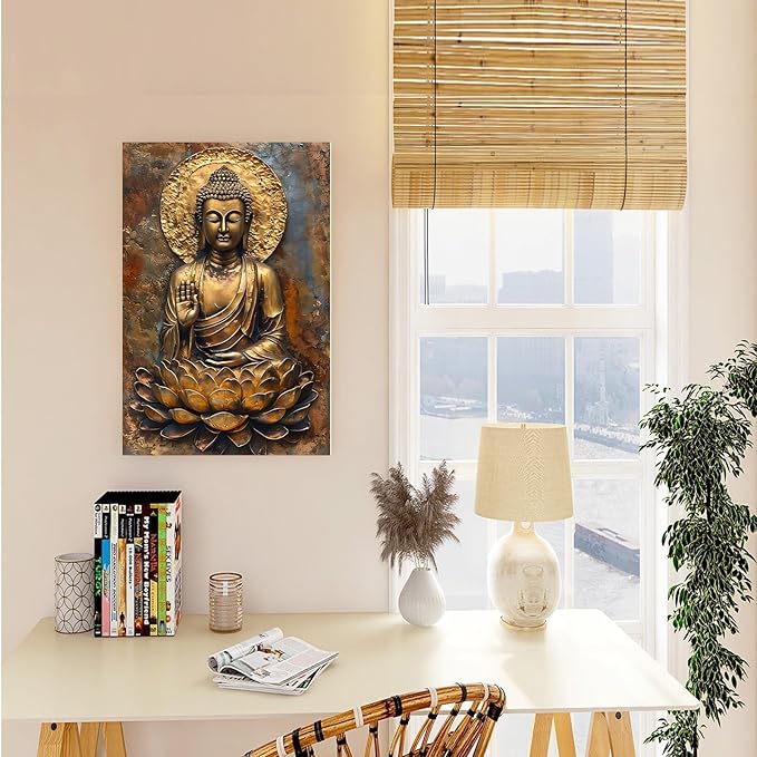 Buddha Wall Art Golden Buddha in Lotus Seat Serene spiritual statue radiant aura Meditation and mindfulness wall art suitable for sacred spaces 16x24in Frameless