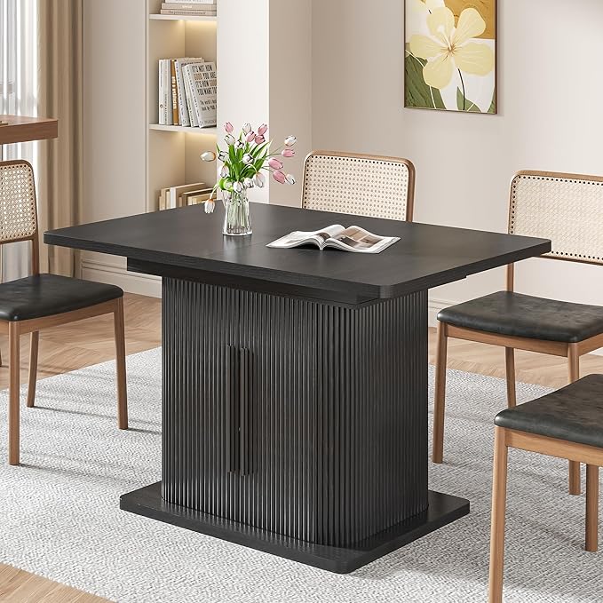 Extendable Black Dining Table for 4-6, 47-65 Inch Rectangle Dining Room Kitchen Table with Large Storage, Wood Sliding Door, Mid Century Modern Dinner Furniture, Fluted, Space Saving, Living Room