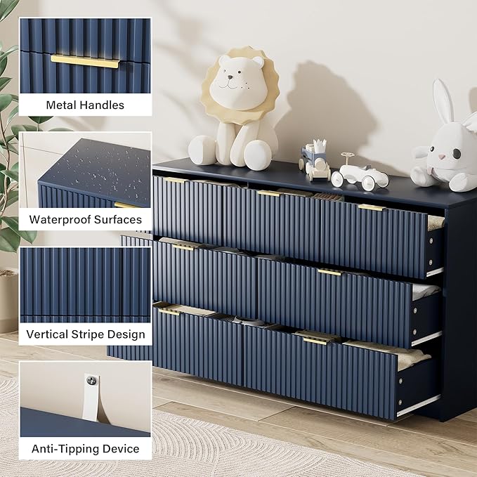 Navy Blue Dresser for Bedroom, Modern Dresser with 7 Drawers and Smooth Slides, Wide Chest of Drawers with Golden Handles for Bedroom, Living Room, Closet, 15.7" D x 55.1" W x 31.4" H