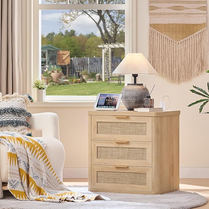 LEYAOYAO Rattan Night Stand with Charger Station, 23" Large 3 Drawer Boho Nightstand, Natural Wood Bedside Table Storage Cabinet, Bed Side End Tables for Bedroom, Living Room, Hallway