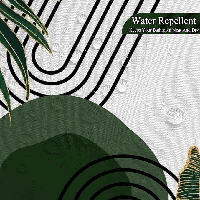Mid Century Green Shower Curtain for Bathroom Boho Modern Abstract Plant Tropical Leaves Bathroom Curtain Set Geometric Arch Minimalist Waterproof Fabric Bath Decor 48x72 inch