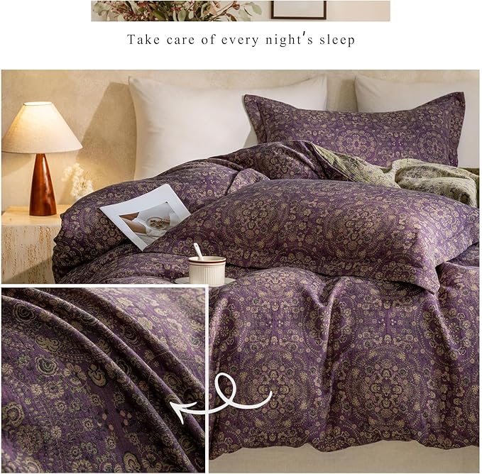 VM VOUGEMARKET Purple Flower Duvet Cover Set King,Yarn-Dyed Cotton Jacquard Textured Boho Medallion Bedding Set,Retro Reversible Green Floral Duvet Cover with Zipper Ties