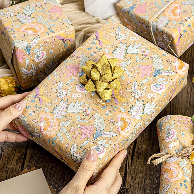 Merture Vintage Kraft Floral Wrapping Paper Roll - 17 In X 32.8 Ft(46.5 sqft) Vibrant Flower Design Gift Wrap for Mothers Day, Valentines Day, Birthday, Wedding, Anniversary, Bridal Shower