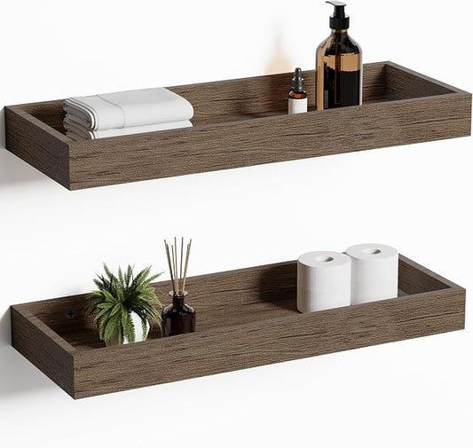2 Pack 15.7 in Smoke Gray Floating Shelves for Wall, Wooden Wall Shelves for Bedroom Living Room Kitchen, Modern and Rustic Bathroom Shelves with Raised Lip, Floating Shelf for Storage Display