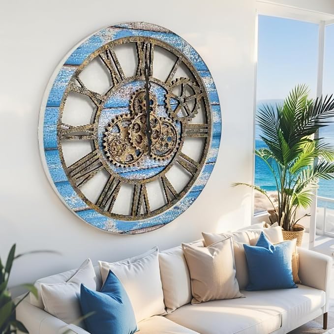 ImprovingLife The Gears Clock The Original Real Moving Gear Wall Clock Vintage Industrial Oversized Rustic Farmhouse (24 inch (60cm), Vintage Ocean Blue and Bronze)