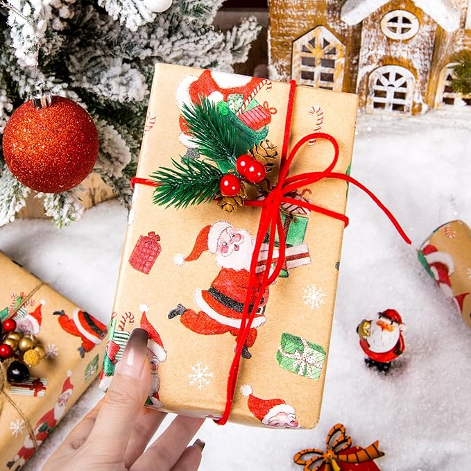 Yarcony Santa Christmas Wrapping Paper Roll, Kraft Holiday Wrapping Paper, Recyclable Funny Red Rolls From North Christmas Gift Wrap for Winter Holiday Packaging, Party Decoration (17 Inch X 33 Feet)