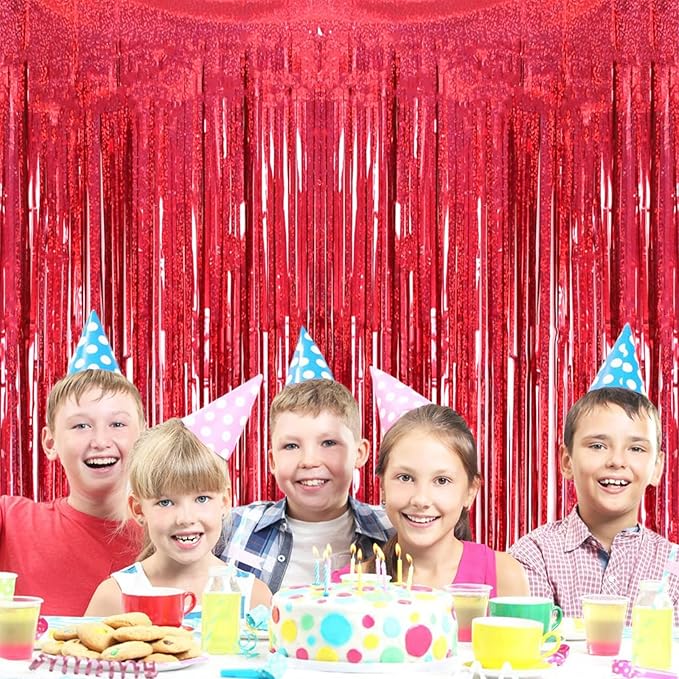 2 Pack 3.2ft x 8.2ft Red Foil Fringe Curtain, Glitter Metallic Tinsel Foil Fringe Curtains Photo Booth Backdrop Tinsel Door Curtains for Wedding Bridal Shower Bachelorette Christmas Party Decorations