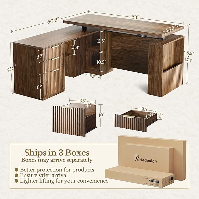 63 Inches L Shaped Standing Desk, Executive Standing Desk with Drawers and File Cabinet, AC/USB, 1.18" Desktop, Multi-sized Storage Cubby, Privacy Panel, Fluted Computer Desk, Black Walnut