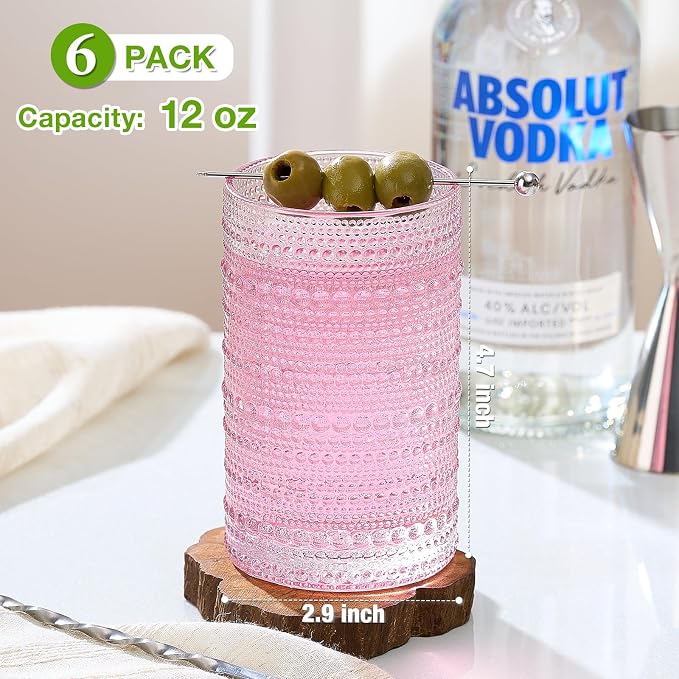 Mfacoy Colored Hobnail Drinking Glasses Set of 6, 12oz Vintage Kitchen Glassware, Embossed Beaded Glass Cups, Water Glasses, Beaded Colorful Water Tumbler for Cocktail, Juice and Various Mixed Drinks