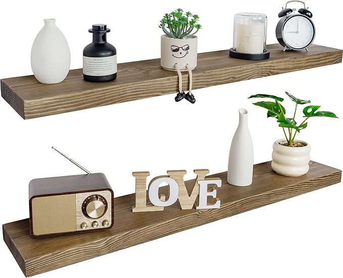 BGMG Wood Floating Shelves for Wall 60 inch Set of 2,Dark Walnut Floating Shelves,Solid Wood Wall Mount Shelves for Living Room Bedroom Kitchen Farmhouse-60x 6.7 x1.75 inch