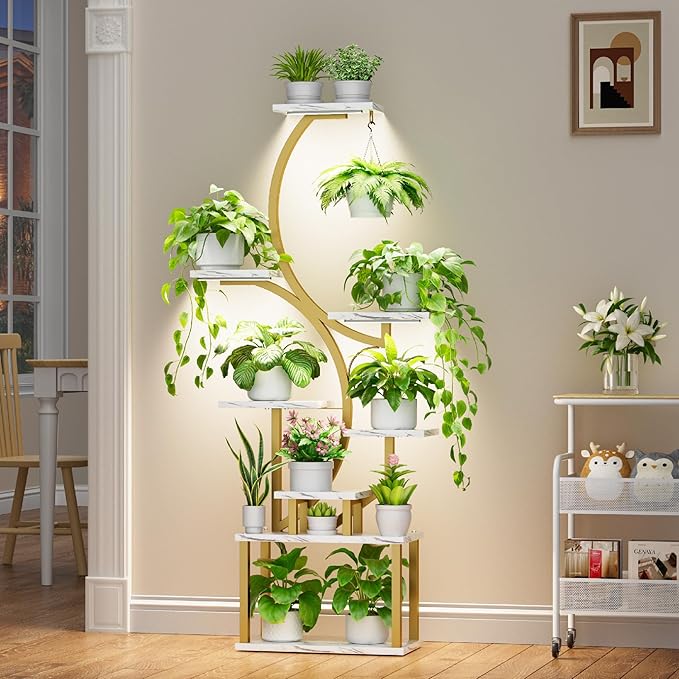 Plant Stand with Grow Lights for Indoor Plants, 8-Tiered Tall Corner Plant Shelf with Full Spectrum Light, S-Shaped Space-Saving Narrow Flower Holder, Anti-Tip for Living Room Bedroom, Faux Marble