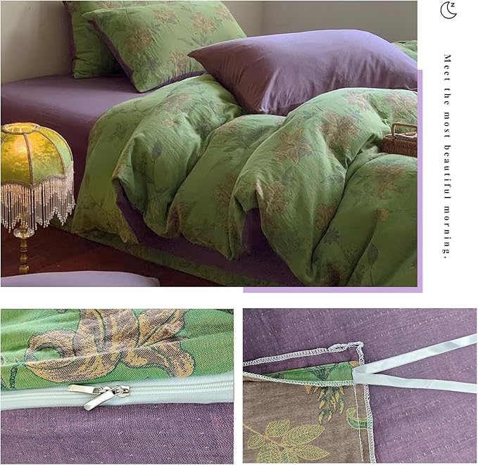 VM VOUGEMARKET Green Flower Duvet Cover Set Twin,3Pcs Yarn-Dyed Linen Cotton Jacquard Duvet Cover with 2 Pillowcases Garden Style Green Purple Bedding Set for Girls Women Without Comforter