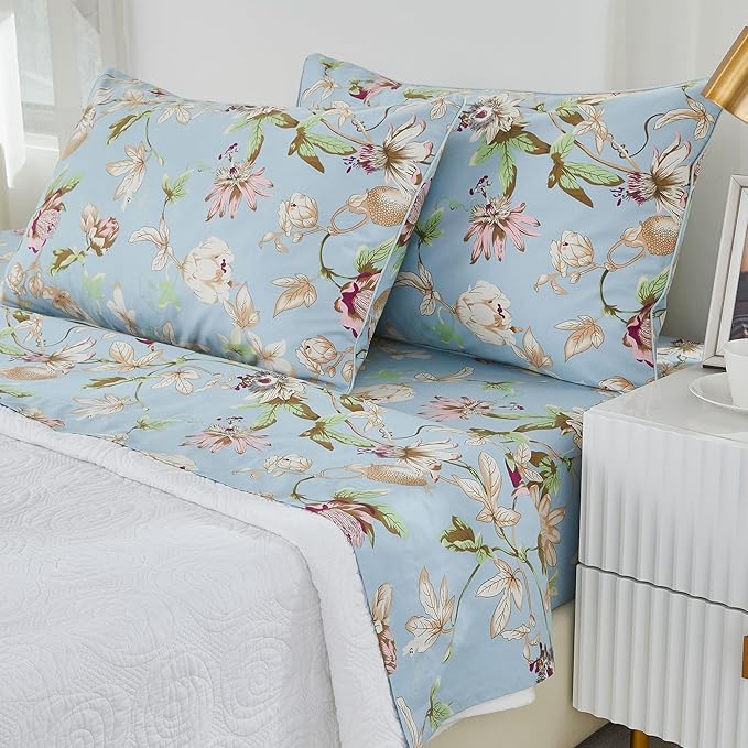 Brandream Floral Bedding Botanical Flower Farmhouse King Size Sheets Set Luxury Bedding Collections 800 Thread Count 100% Egyptian Cotton Deep Pocket, 4 Piece Blue