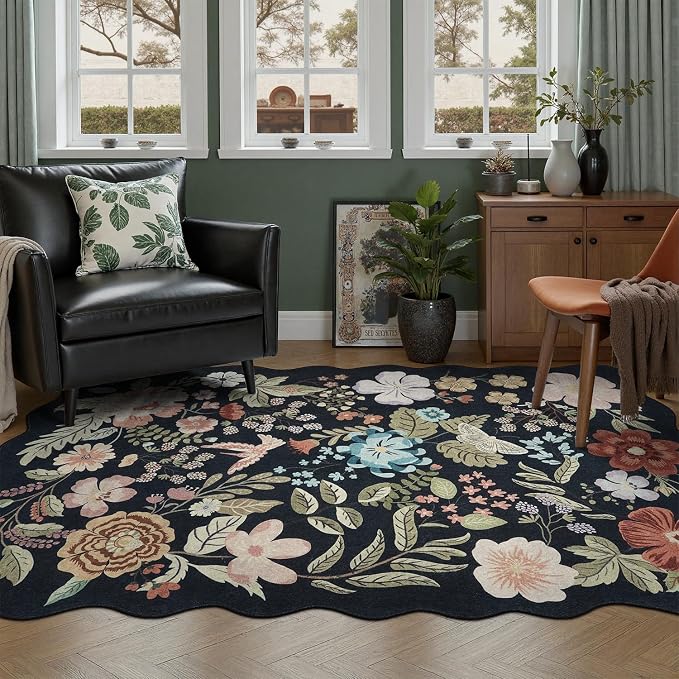 DCX Black Floral Rug 5x7, Washable Black Rug for Living Room, Kid & Pet Friendly with Rubber Back Non Slip, Soft Low Pile Carpet, Stain Resistant Rug for Bedroom, Nursery, Dining Room