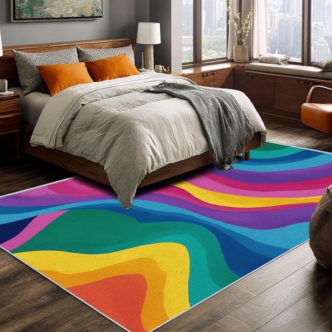 Rainbow Abstract Rugs 5x7, Colorful Retro 70s Washable 5 x 7 Area Rug for Living Room, Bedroom, Low Pile Non Slip Stain Resistant Carpet, Abstract Home Decor Accessories & M887