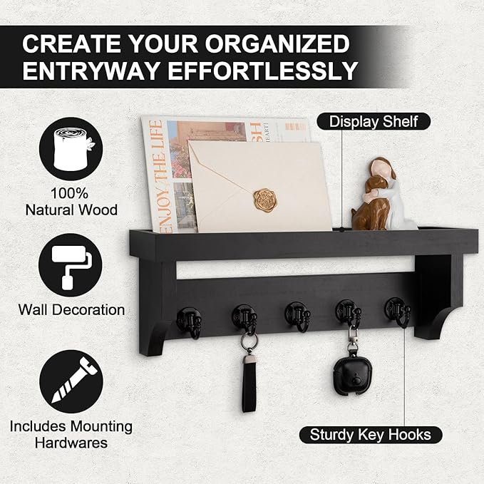 Lucundm Key and Mail Holder Wall Mount, Key Holder with Shelf and Mail Organizer Wall Mount. Mail Holder with 5 Hooks for Coat, Dog Leash, Home Decor Rack, Entry Way Organizer (Black)