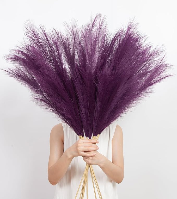 9 Pcs 45" Tall Pampas Grass Purple Decor, Long Stem Artificial Flower Floor Vase Large Faux Floral Pompas Fake Plants Dried Bouquet Arrangement Vase Filler for Boho Home Wedding Decoration