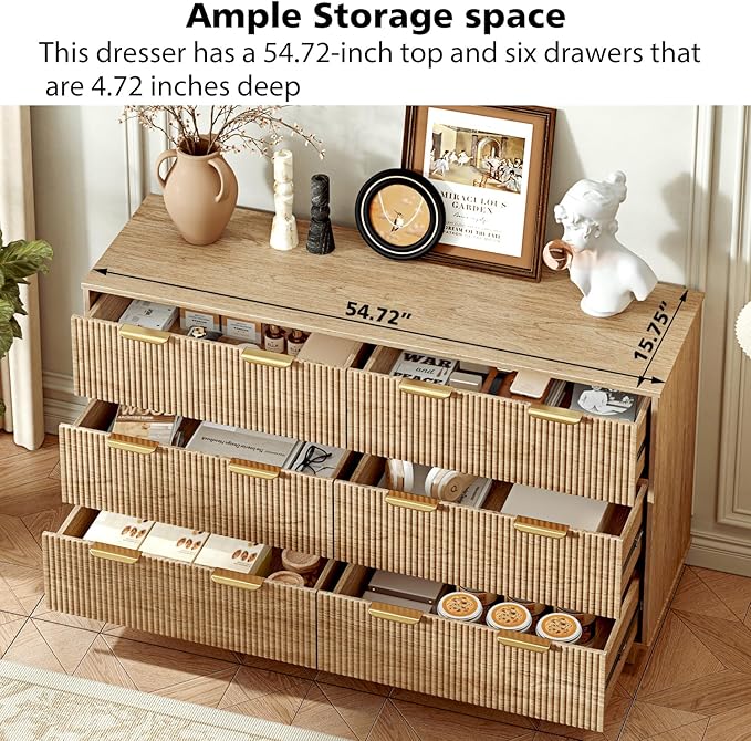 54.72" Modern Chest of Drawer, 6 Deep Drawers,Clothes Organizer,Large Storage Cabinet for Living Room, Bedroom,Dresser TV Stand, Wood Drawer Organizer for Living Room, Hallway, Timber