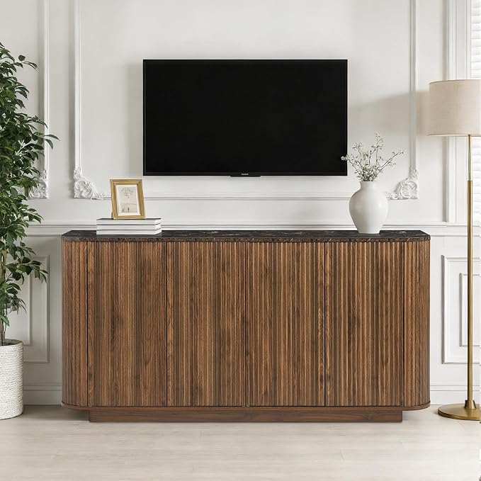64" Sideboard Buffet Cabinet with Storage, Modern Fluted Credenza with Adjustable Shelves, Wood Faux Marble-Top Coffee Bar Console Table for Living Room Kitchen Dining Room, 31.5" H, Walnut