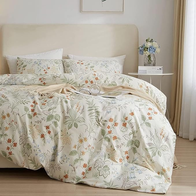 Vintage Floral Comforter Set Full Garden Style Flower Leaves Botanical Bedding Comforter with 2 Pillowcases Fluffy Soft Girls Cottagecore Bedding Set Aesthetic Flower Comforter Set for All Season