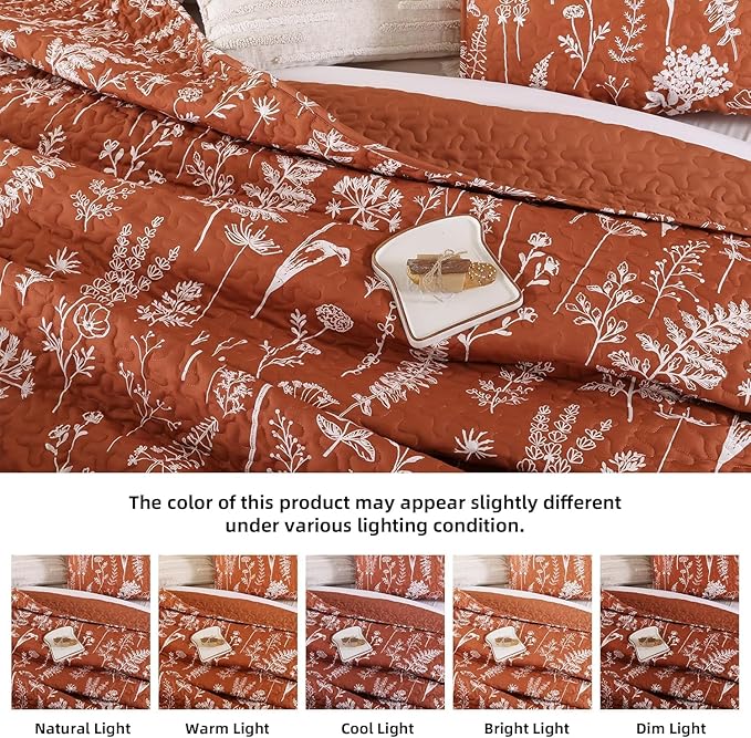 JANZAA Quilts Queen Size Floral Bed Spread Terracotta Quilts Queen Size with Botanical Pattern Burnt Orange Microfiber Bedding Set Lightweight Farmhouse (2 Pillow Cases)