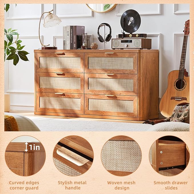 LEYAOYAO Rattan 6 Drawer Dresser for Bedroom Set of 2, 54" Wide Boho Chest of Drawers, Wooden Dressers TV Stand with Metal Handle, Storage Closet Organizer for Living Room, Hallway, Tea Brown