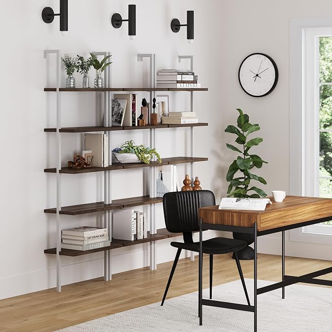 Nathan James Theo 5-Shelf Wood Modern Bookcase, Open Wall Mount Ladder Bookshelf with Industrial Metal Frame, Natural Light Brown/White, Set of 3