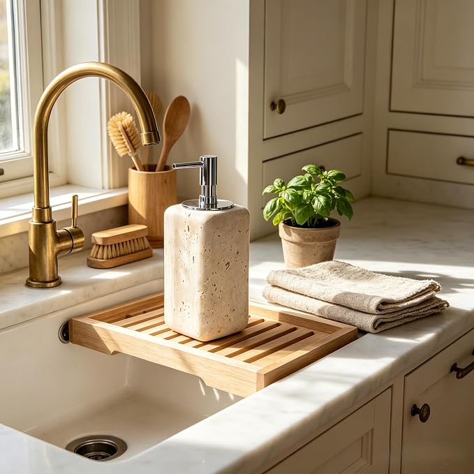 Ivory Travertine Soap Pump, Refillable Bathroom Liquid Dispenser with Aluminum Pump, Natural Organic Stone Hand Lotion Dispenser, Pump Bottle Dispenser for Bathroom and Kitchen Countertop