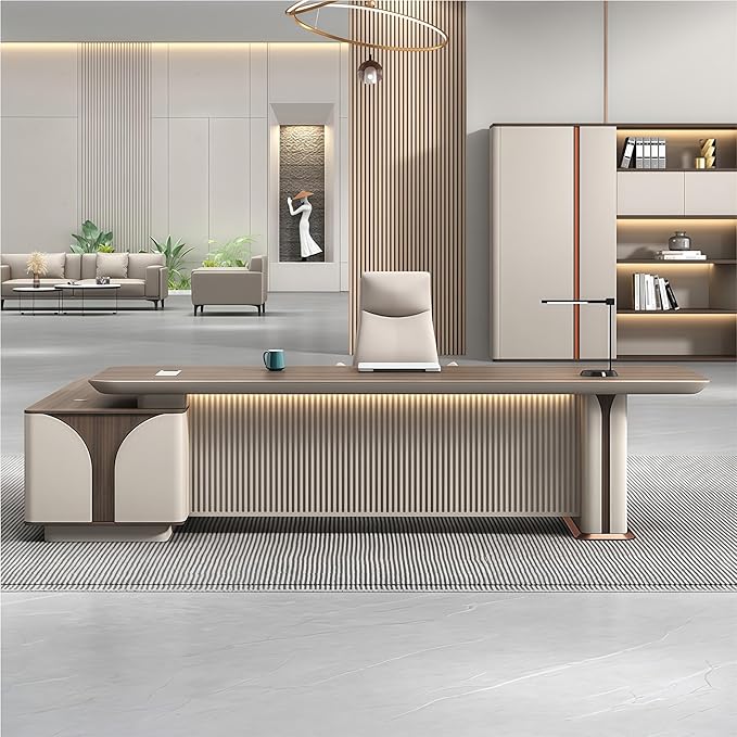 Modern L Shaped Desk, 141.7 inch Large Desk with Storage, Executive Desks for Home Office No Installation Required with Drawers and Lockable