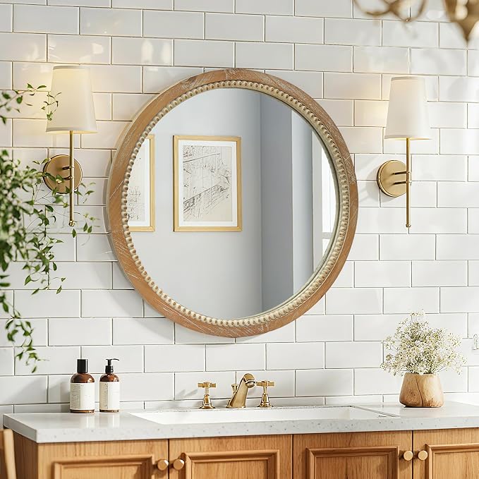 23.62" Round Rustic Farmhouse Wall Mirror Distressed Wood Beaded Frame Vintage Accent Mirror Wall Mounted HD Decorative Mirror For Bathroom Bedroom Entryway Modern Farmhouse Mid-Century Home Decor