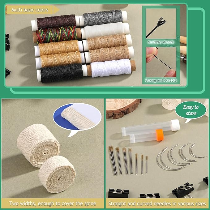 65 Pcs Book Binding Kits Book Binding Materials Bone Folder Tool Bookbinding Supplies with 10 Waxed Thread Paper Awl Binding Ribbon and Bag for Storage