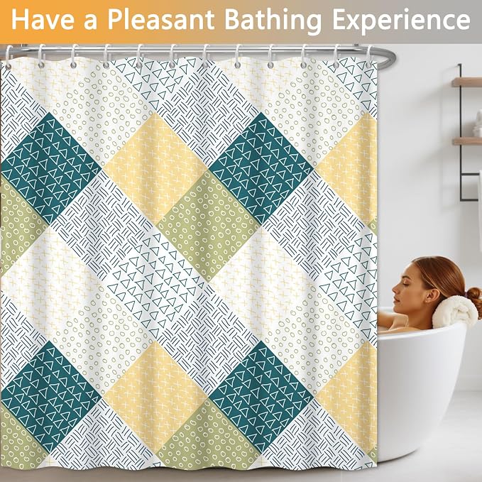 Boho Green and Yellow Shower Curtain, Modern Chic Abstract Geometric Striped Pattern Bathroom Curtains, Minimalist Hotel Style Polyester Shower Curtain, Waterproof Fabric with Hooks, 72" W x 72" L