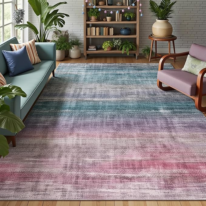 Kokia Abstract Area Rugs 8x10 Bedroom Soft Living Room Rugs Washable Distressed Vintage Comfy Red Carpet with Non-Slip Backing for Farmhouse Home Office Room Decor, Oslo Orchid