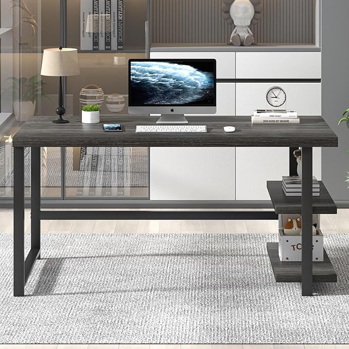 FOLUBAN Home Office Desk, Modern Computer Desk with Storage Shelf, Wood Study Writing Gaming Table for Bedroom Living Room, Industrial Dark Gray, 53 Inch