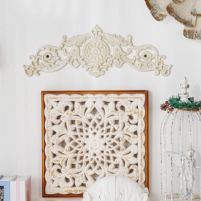 Sungmor Antique Style Cast Iron Wall Decor - Ornate Scroll and Floral Design Metal Plaque for Home or Garden Décor - Fireplace Mantel, Furniture Decorative Accent - 17.5 Inch & Vintage White Finish