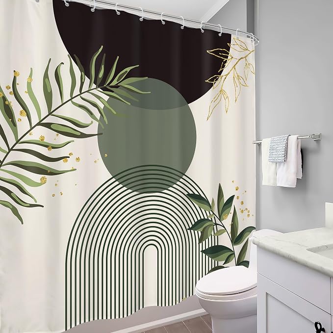 Dark Green Boho Shower Curtain 72Wx72H Black Bohemian Modern Abstract Plant Leaves Minimalist Geometric Bathroom Decor Mid Century Plant Neutral Bath Curtain Fabric Polyester 12 Pack Hooks