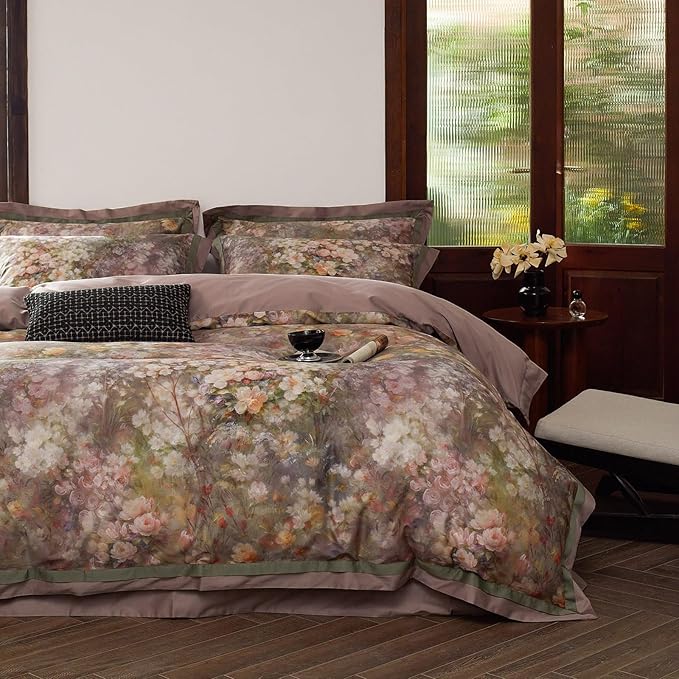 VM VOUGEMARKET Painting Flower Duvet Cover King Smooth Long Staple Cotton Bedding Duvet Cover with Pink Floral Pattern Garden Cottage Botanical Comforter Cover for Spring Summer