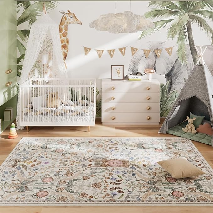 AMTOVO 5x7 Washable Area Rugs for Living Room, Vintage Boho Floral Distressed Print Non-Slip Carpet, Soft Colorful Accent Rug for Bedroom Dining Room Playroom Nursery Farmhouse Girls Room, Beige