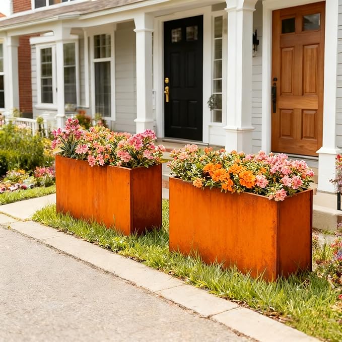 Corten Steel Outdoor Planter Box 32" x 15" x 24" for Outdoor Plants Metal Rectangle Planter Spliced Flower Box with Partitions for Outside,Indoor,Garden (Corten, 32 * 15 * 24)
