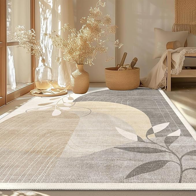 MUJOO 5x7 Area Rugs for Bedroom Living Room,Boho Washable Rug Non Slip Throw Carpet for Office Dining Room Indoor Mid Century Modern Abstract Botanical Geometric Accent Neutral Beige