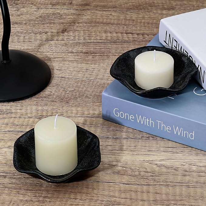 Koythin 2-Piece Ceramic Candle Holder, Aesthetics Candlestick Holders for Tea Lights, Lotus Leaf Shape Candle Stand for Mantle Table, Adorable Vintage Decor for Weddings Dining (Black)
